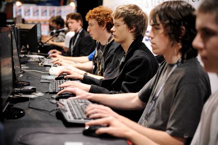 Auckland, New Zealand, 1st of Apr 2008, showcase of computers, awards, sponsors and gamers competing at the world cyber game at vodafone event centreのeditorial素材