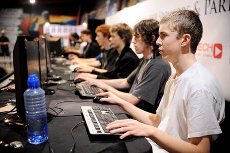 Auckland, New Zealand, 1st of Apr 2008, showcase of computers, awards, sponsors and gamers competing at the world cyber game at vodafone event centreのeditorial素材
