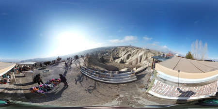 Cappadocia, Turkey, 2nd of Feb 2020, Goreme valley with ancient chapels carved into hillside,...