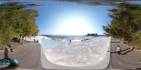 Pamukkale, Turkey, 2nd of Feb 2020, white lime cascades formed by hot mineral springs at Pamukkale,...