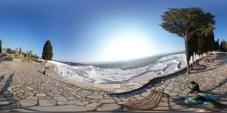 Pamukkale, Turkey, 2nd of Feb 2020, white lime cascades formed by hot mineral springs at Pamukkale,...