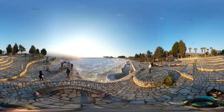 Pamukkale, Turkey, 2nd of Feb 2020, white lime cascades formed by hot mineral springs at Pamukkale,...