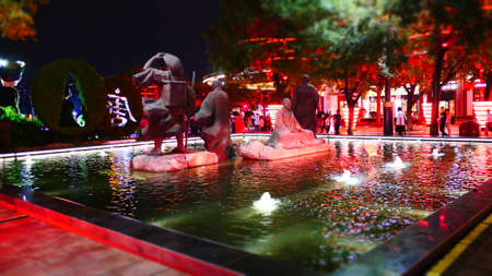 XiAn, China, 1st of Jan 2020, night view of China Dayan pagoda and walking streetのeditorial素材