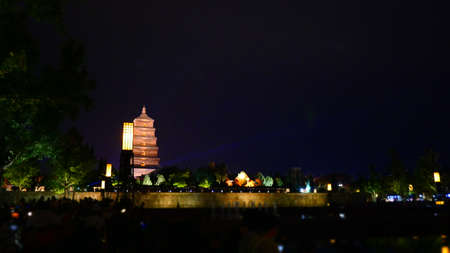 XiAn, China, 1st of Jan 2020, night view of China Dayan pagoda and walking streetのeditorial素材