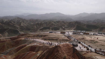ZhangYe, China, 1st of Jan 2020, tourists visiting the ZhangYe Rainbow Mountain, Danxia,  a unique type of petrographic geomorphology found in China.のeditorial素材