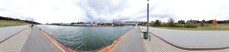 Panoramic view of a pedestrian bridge over the Rhine riverの写真素材