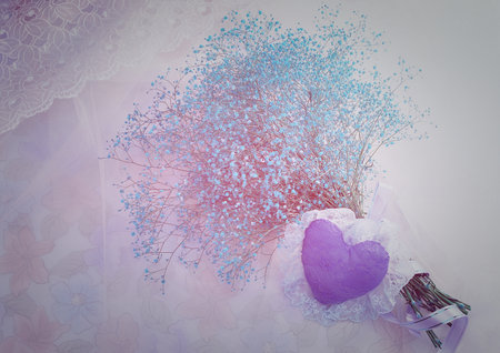 Bouquet of flowers and heart on the background of lace.の写真素材