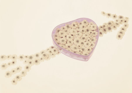 Heart shaped gift box with dried flowers on white background, retro toned