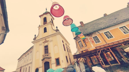 Hungary Szentendre  01.01.2024 colorful lanterns lights decorations in old town along Rhine river and Danube riverのeditorial素材