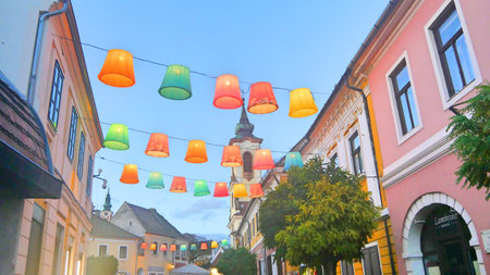 Hungary Szentendre  01.01.2024 colorful lanterns lights decorations in old town along Rhine river and Danube riverのeditorial素材