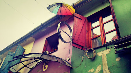 Hungary Szentendre colorful umbrella decorations in old town along Rhine river and Danube riverの写真素材
