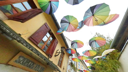 Hungary Szentendre colorful umbrella decorations in old town along Danube riverの写真素材