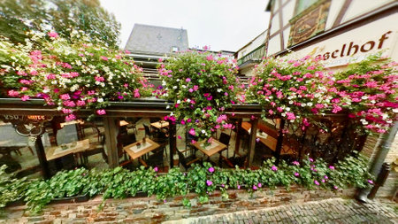 Germany, 1st of Jan 2024 A wooden timber restaurant in Rudesheim Historical old townのeditorial素材