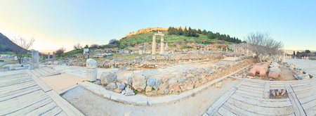 panoramic shot of the Ancient city ruins and historical structures found at the Ephesus...