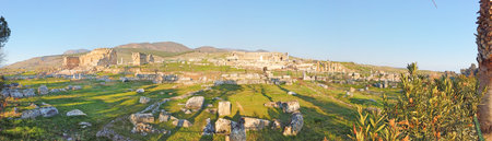 panoramic shot of the Ancient city ruins and historical structures found at the Ephesus Archaeological Siteの写真素材