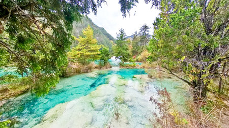 Turquoise color lake found in the Jiuzhai valley nature reserve and national park of China