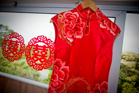 chinese new year dress on mannequin in chinese restaurantの写真素材