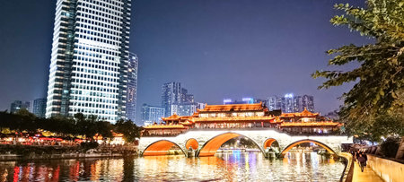 Night shot of Anshun Bridge is a bridge in Chengdu, Sichuan, China which contains a restaurant and...
