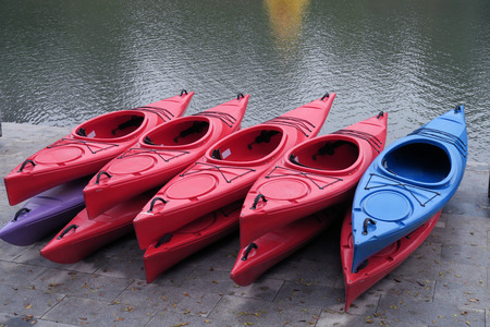 Rubber dinghies on shoreの写真素材