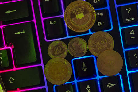 Colombian currency on a keyboardの写真素材