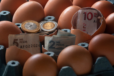 Coins and Colombian money in eggsの写真素材