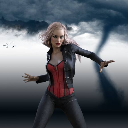 3D rendering of woman running from storm.の写真素材