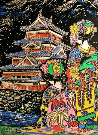 Japanese Geisha front of the palace of the emperor の写真素材