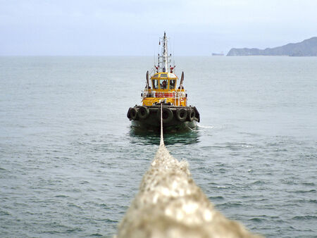 tugboat pulls a ship in port
