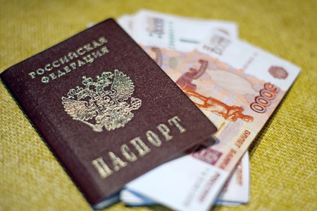 Russian passport, Russian money out of the bank passbookの写真素材