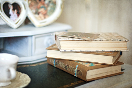 Vintage table with booksの写真素材