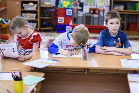 Saint-Petersburg, Russia - April 21, 2016. Russian. Activities in the kindergarten. Children play...