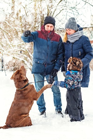 Happy family playing with dog in winter. Beautiful, romantic atmosphere on a snowy winter day. The concept of relationships.の写真素材