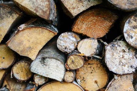 Forest Firewood is neatly stacked in a woodpile outside. blurred on the background. Out of focus.