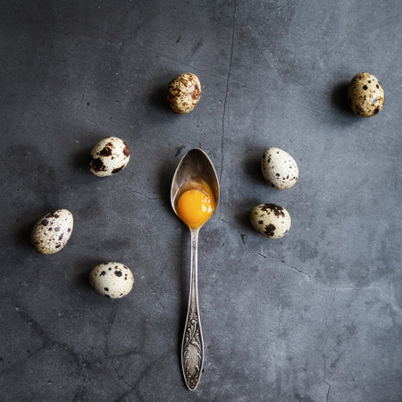 Composition with quail eggs and a spoon with yolk on a gray background. The view from the topの写真素材
