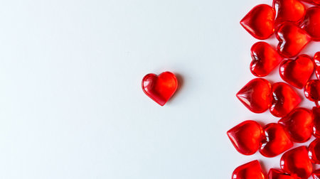 Festive background: lots of red hearts on a white background. Space for the text. Small stones in the shape of a heartの写真素材