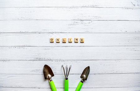 Gardener's tool on a light wooden background. Copy space for online florist or gardener coursesの写真素材