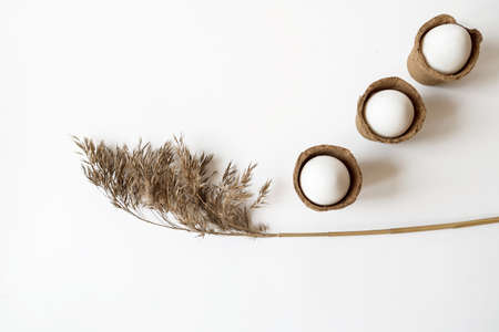 Ecological concept with Easter white eggs with space for text on a white background. Twine, pampas...