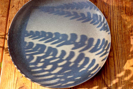 Green fern leaf with hard deep shadows on a wooden background. Clay plate with fern shadows