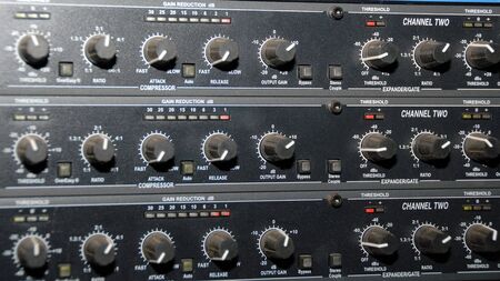 Audio effects processors in a rack. Sound Recording Equipment (Media Equipment). Recording studio.