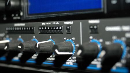 Audio effects processors in a rack. Sound Recording Equipment (Media Equipment). Recording studio.