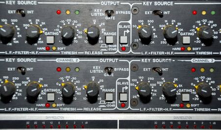 Audio effects processors in a rack. Sound Recording Equipment (Media Equipment). Recording studio.