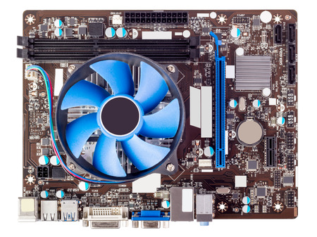 Computer motherboard isolated on white background with CPU cooler