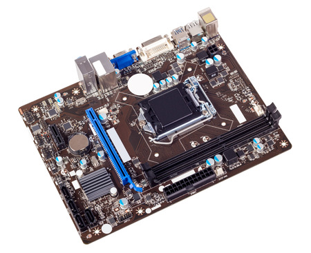 Computer motherboard isolated on white background without CPU cooler