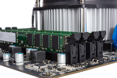 Computer motherboard isolated on white background with CPU cooler