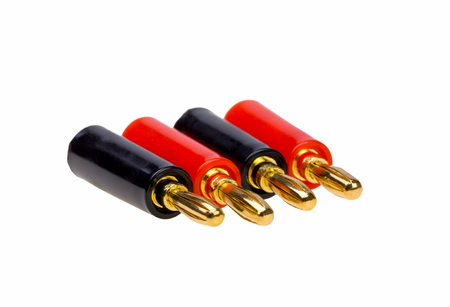 Adapter wire cable electronics audio speaker male banana plug connector isolated on white...