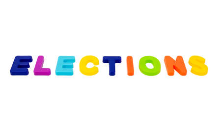 Text ELECTIONS written in plastic letters on a white background. Concept for the electoral campaign.