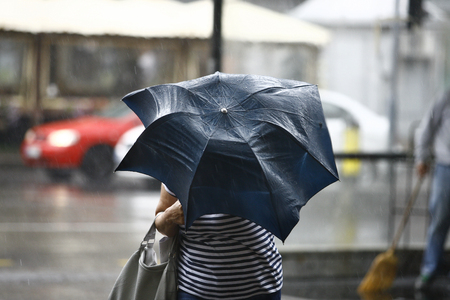 Woman walking with umbrellas in the rainの写真素材