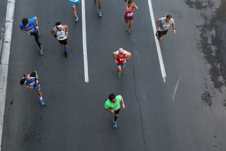 SERBIA, BELGRADE - APRIL 16, 2016: Runners in 29th Belgrade Marathon. Participants of Traditional marathon in Belgrade with more than 4500 runners on streets.のeditorial素材