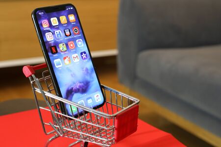 BELGRADE ,SERBIA - JANUARY 08, 2018: Smartphone Iphone X or another name 10, ten in small shopping cartのeditorial素材