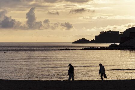 Ride on the shore of the Mediterranean sea at sunset. Mallorca island (Spain)の写真素材